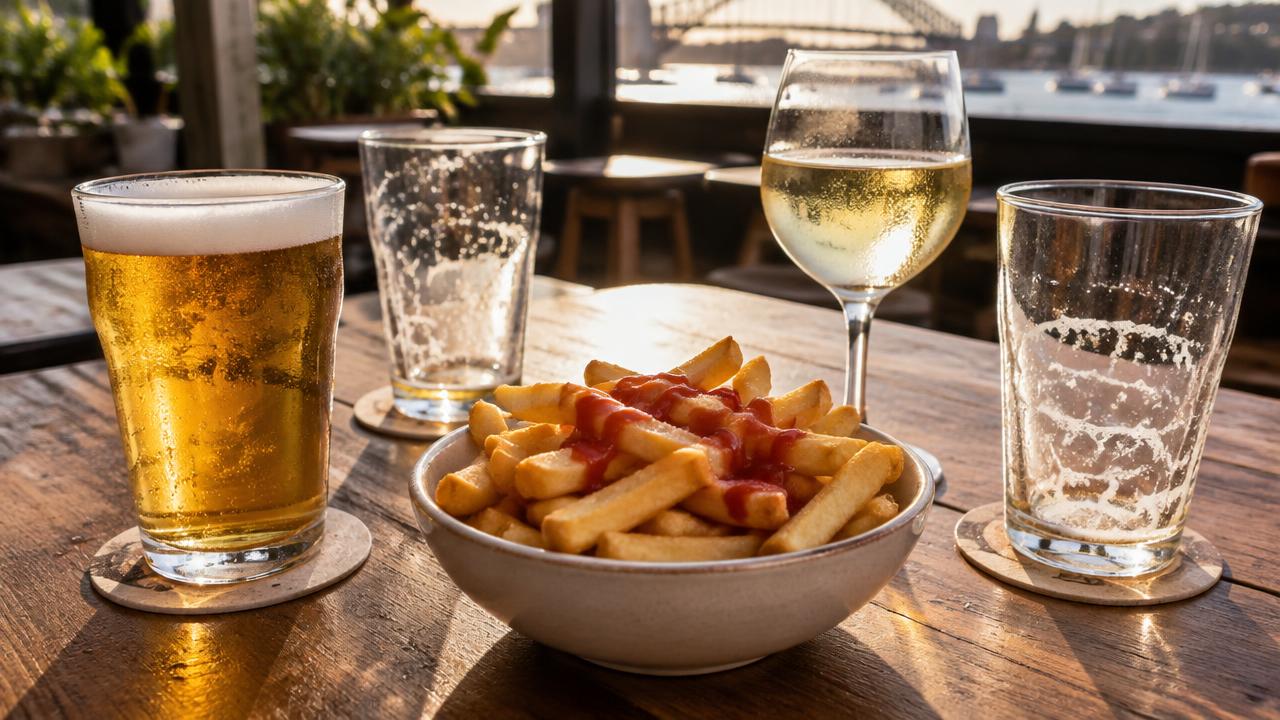 Schooners of beer, white wine and hot chips on a Sydney pub table on a weekend afternoon