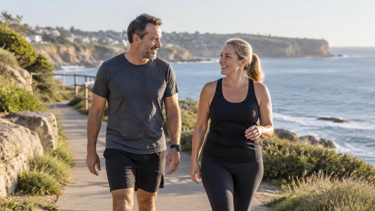 Two adults in activewear walking a coastal path beside the ocean in morning light