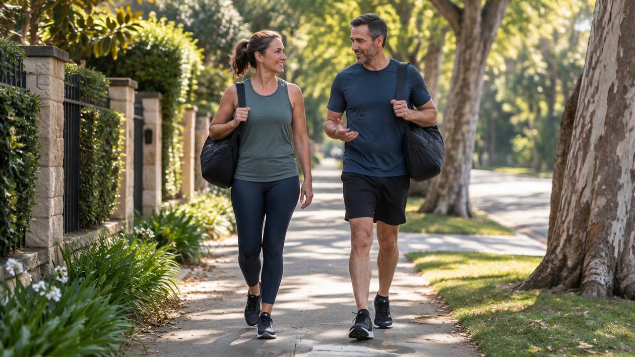 Two adults in activewear carrying gym bags along a suburban street in early morning light